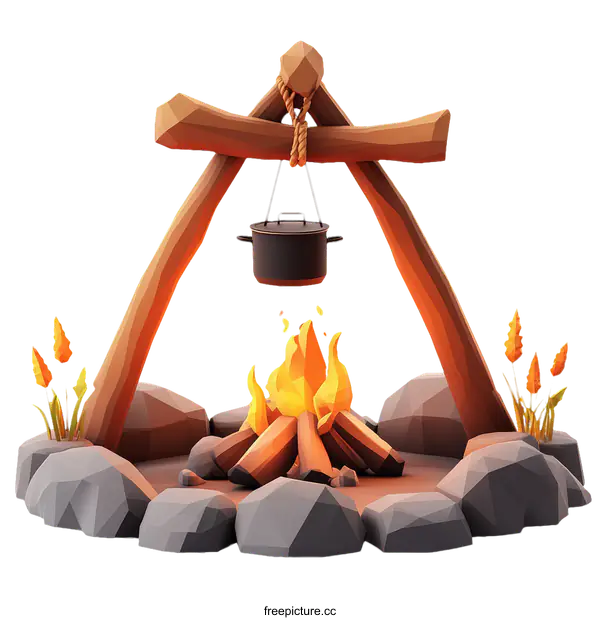 [Transparent Background PNG]Campfire Scene Illustration with Pot