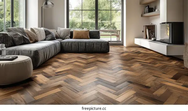 Modern Living Room with Herringbone Wood Flooring