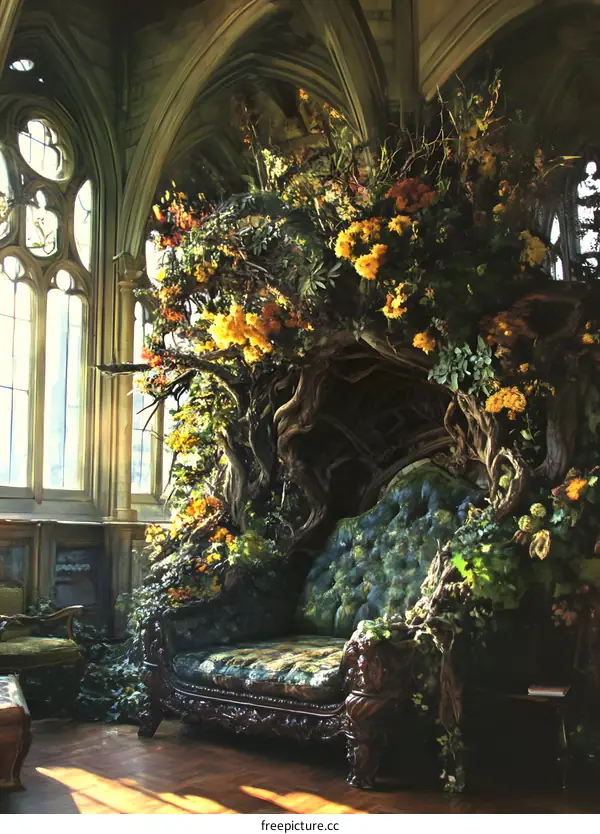 Ornate Couch Covered in Flowers and Vines in a Grand Room with a Window