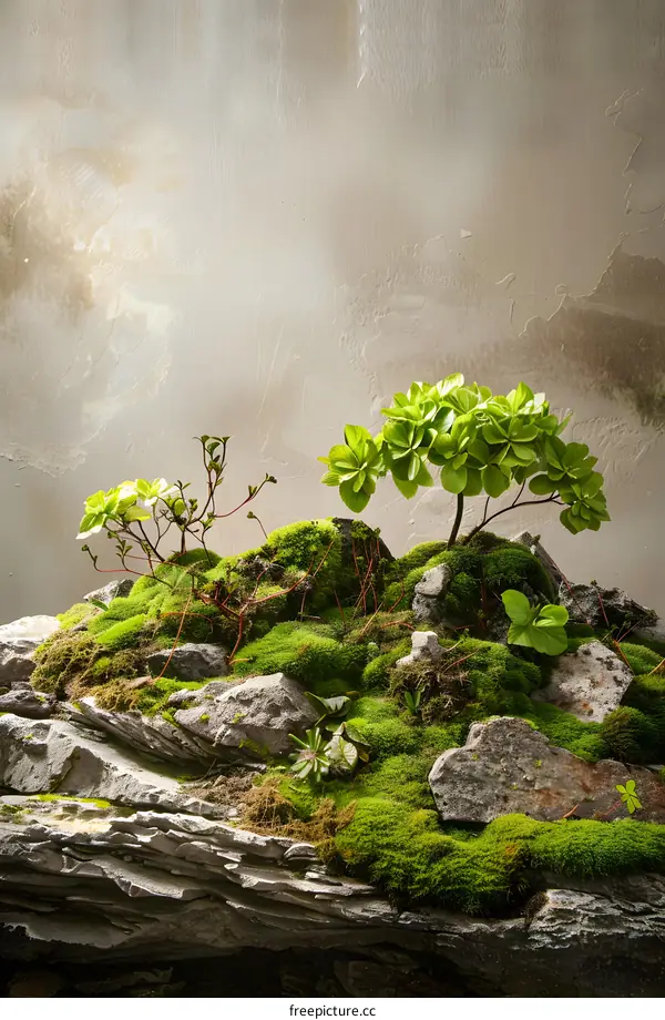 Green Moss Rock Garden With Small Plants