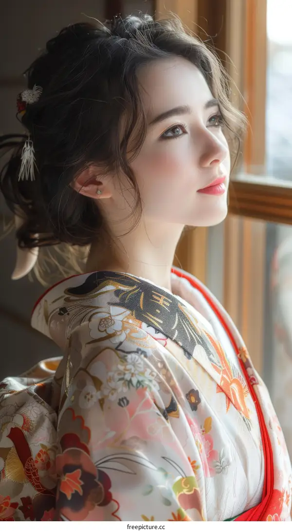 Portrait of a beautiful Asian woman in traditional Japanese kimono