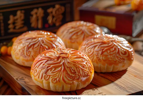 Closeup of Chinese Moon Cakes on Wooden Board