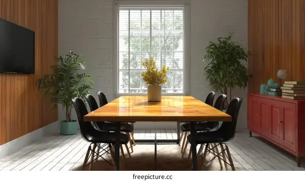 Modern Meeting Room with Wooden Walls and Plants