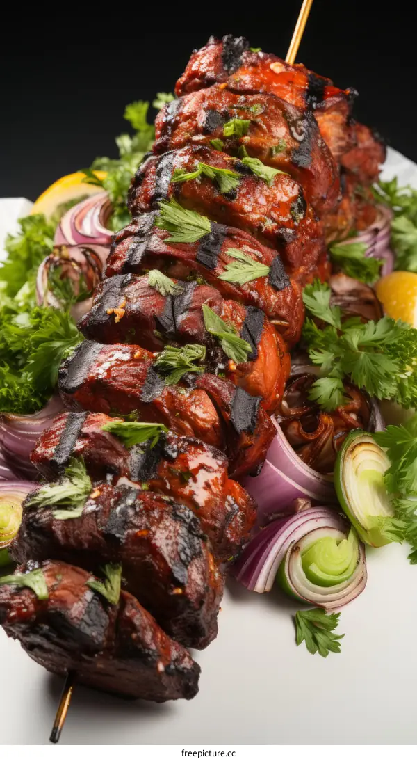 A skewer of meat with grilled onions and parsley