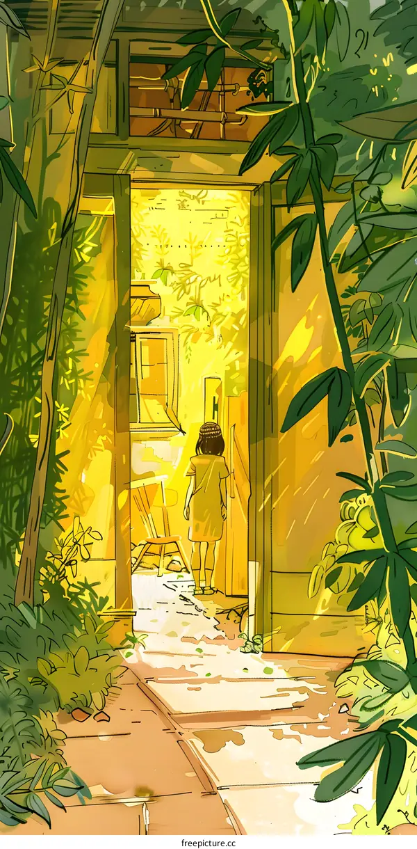 Girl Walking Through A Green Doorway With Sunbeams