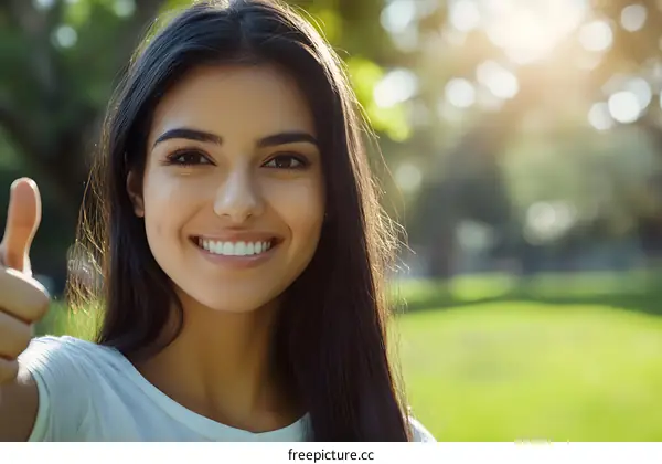 Happy Woman Gives Thumbs Up Outside