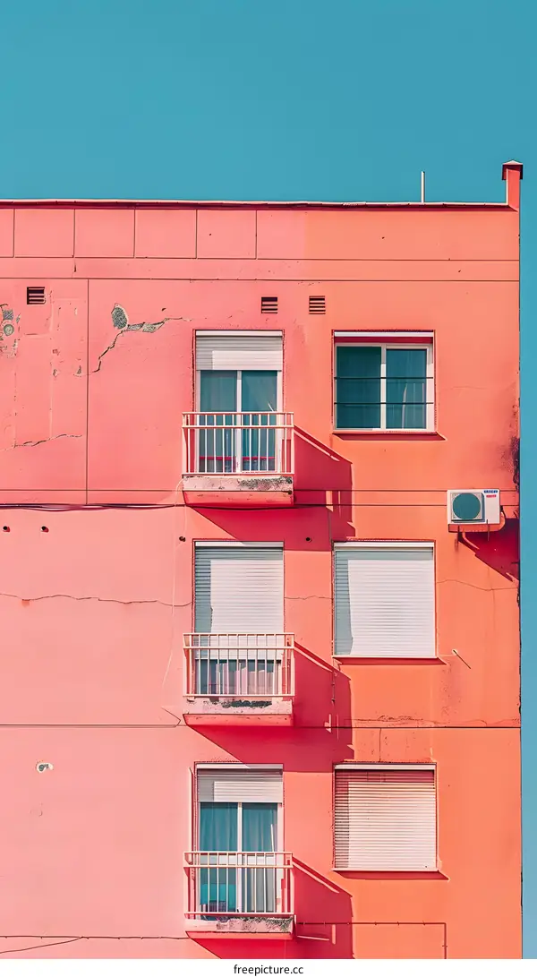 Pink Building with White Shutters and Balconies