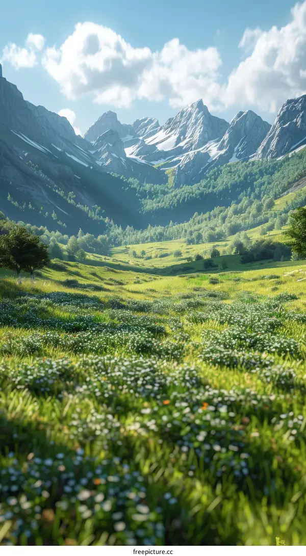 Alpine meadow and mountain range viewed from the top of a hill