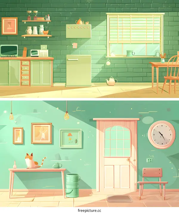 Cartoon Illustration of a Kitchen and a Living Room Interior