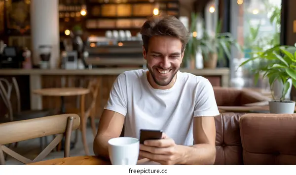 Man smiling while looking at his phone in a coffee shop