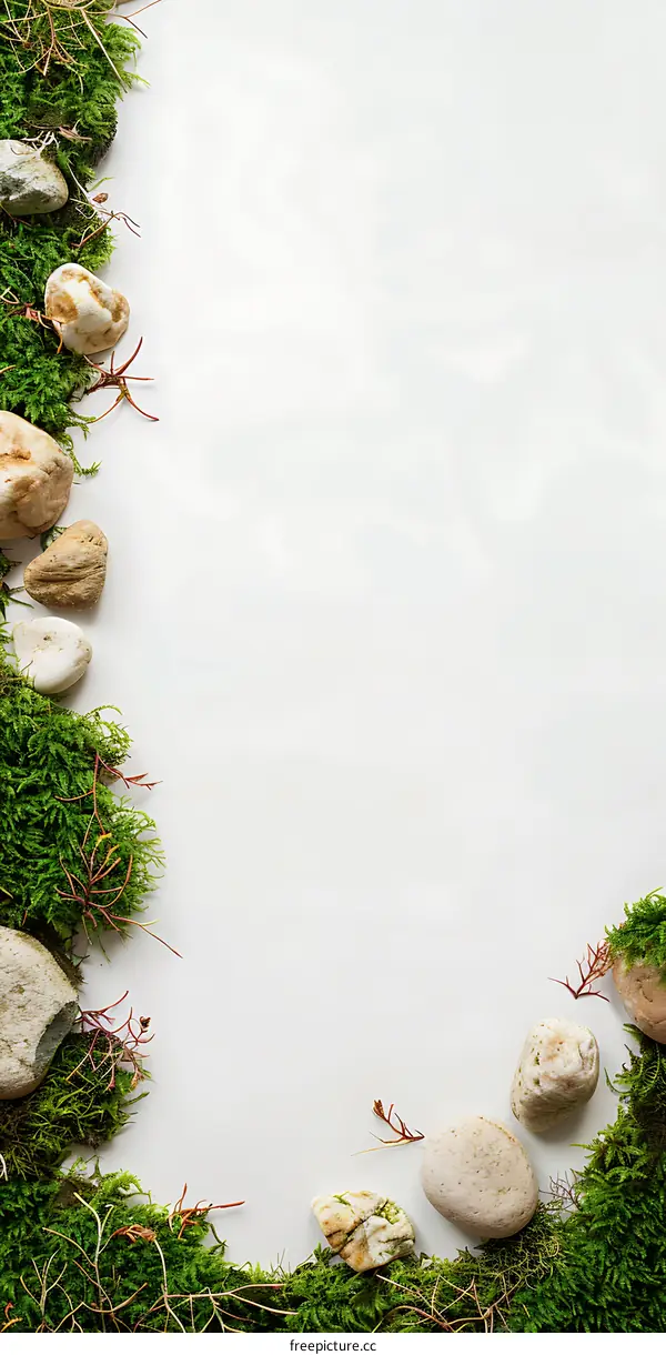 White Background with Green Moss and Stones