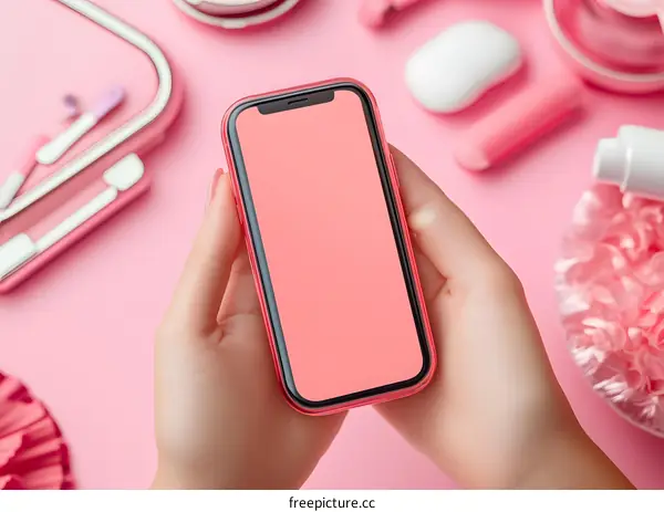 Pink Phone Mockup with Empty Screen and Accessories on Pink Background