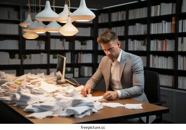 A businessman is looking through a large stack of paperwork on his desk.