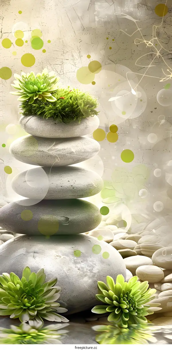 Zen Garden With Stacked Stones And Green Plants