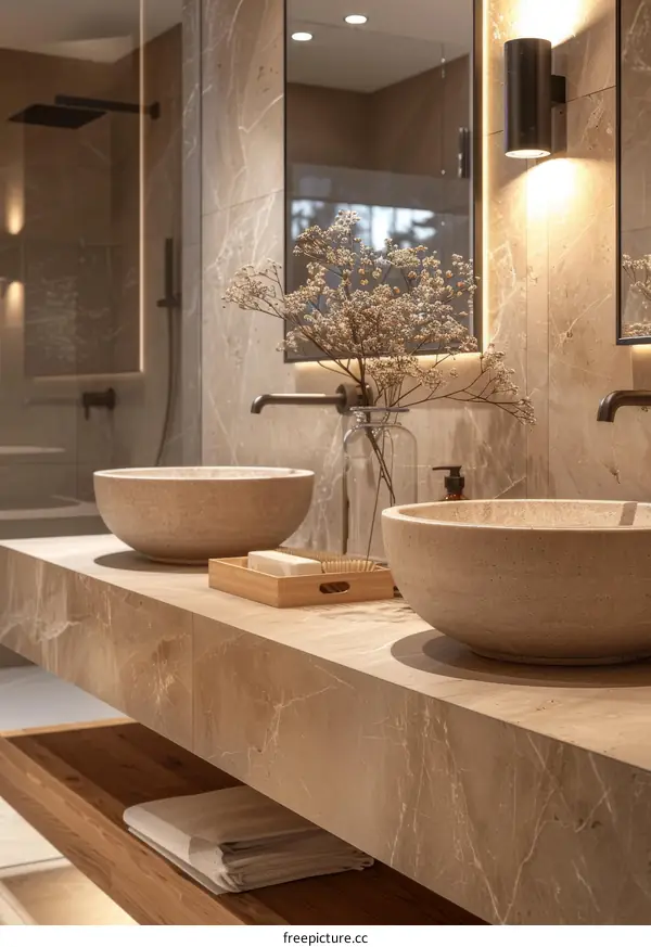 Modern Beige Bathroom Vanity with Double Sinks