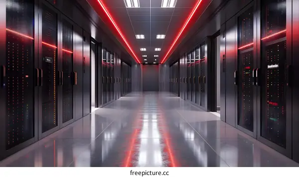 Futuristic server room with red lighting