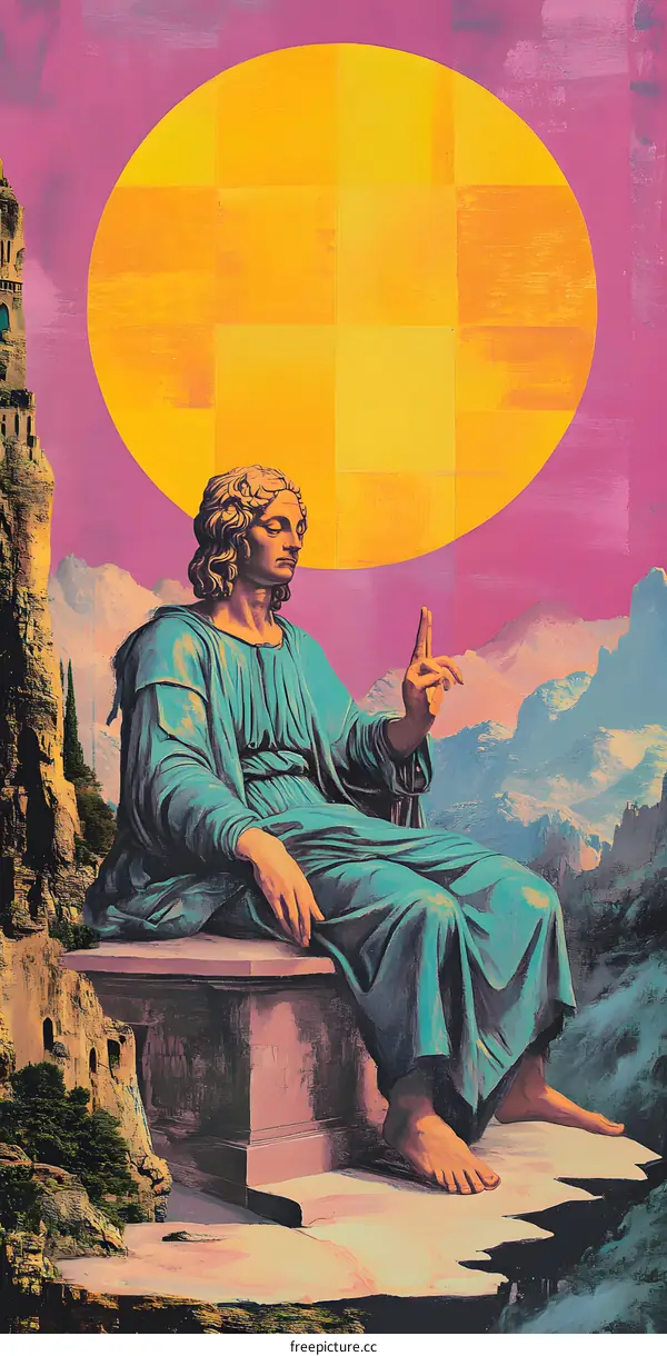 Collage Art with a Person Sitting on a Stone Platform in a Landscape