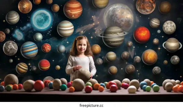 Little girl in front of a mural of planets