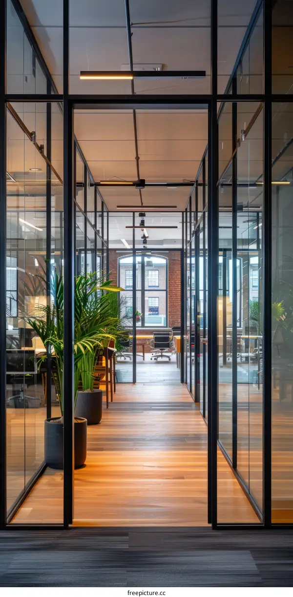 Office hallway with glass walls and a potted plant