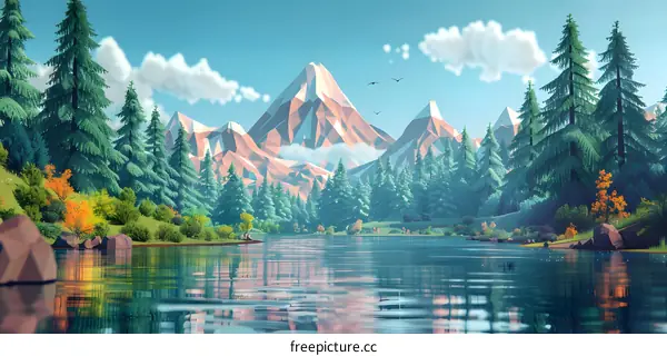 Mountains, lake and trees in low poly style