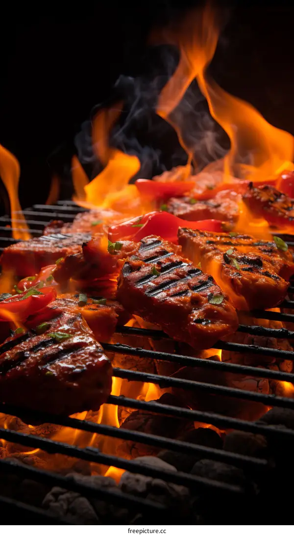 Grilled meat with vegetables on a flaming grill
