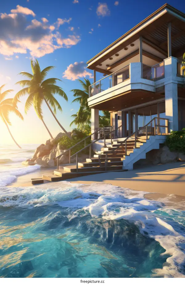 Beach house with palm trees and ocean view