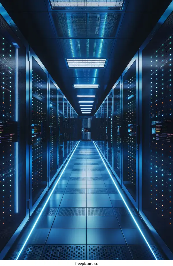 Futuristic Technology Server Room With Glowing Blue Lights