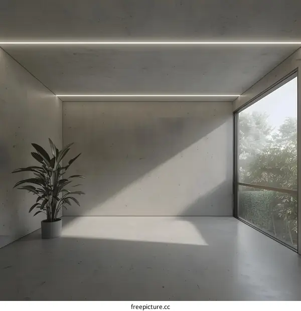 Minimalist Concrete Room with Large Window and Plant