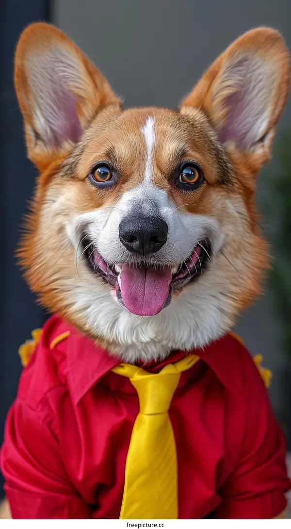 A happy corgi wearing a red shirt and yellow tie