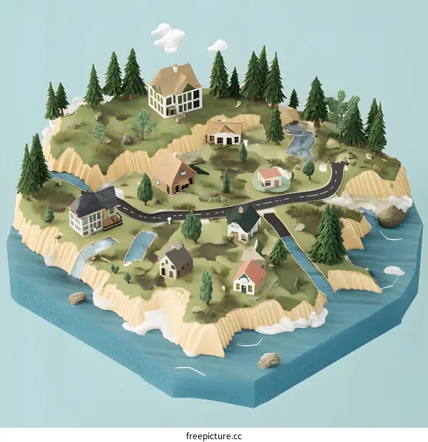 Isometric 3D Illustration of a Small Village with Houses and Trees