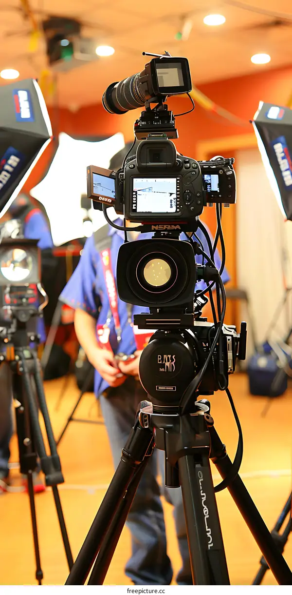 Professional Video Camera Setup on Tripod in Studio