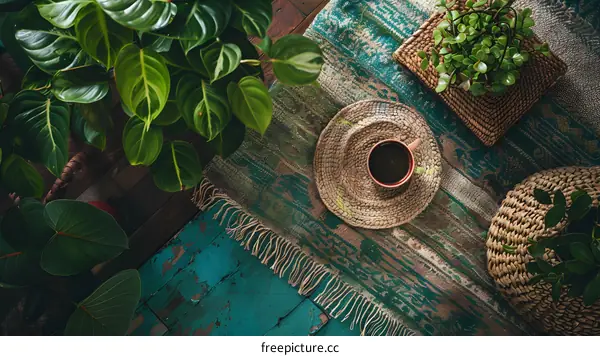 Overhead View of Coffee Cup on Woven Rug with Plants