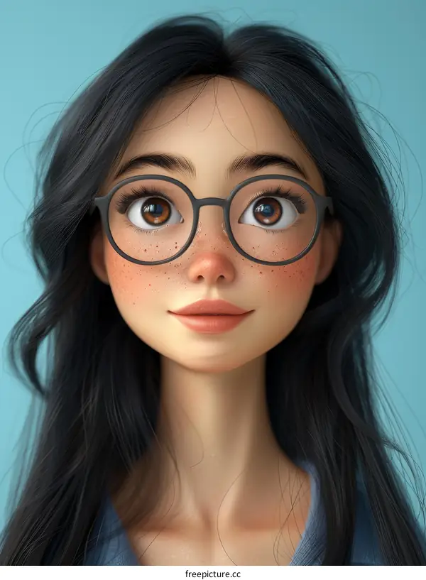 A 3D rendering of a young woman with black hair and brown eyes wearing glasses