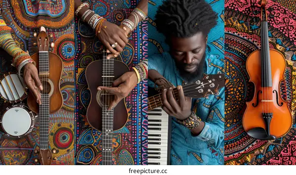 A collage of four images of a Black person playing various stringed instruments.