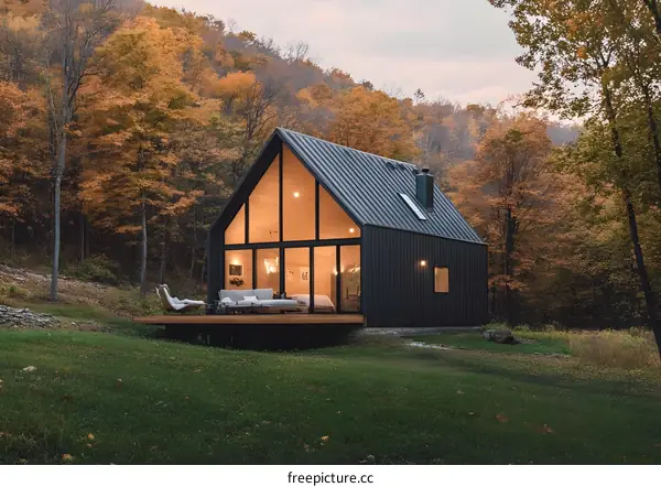 Modern Black Cabin in Autumn Forest