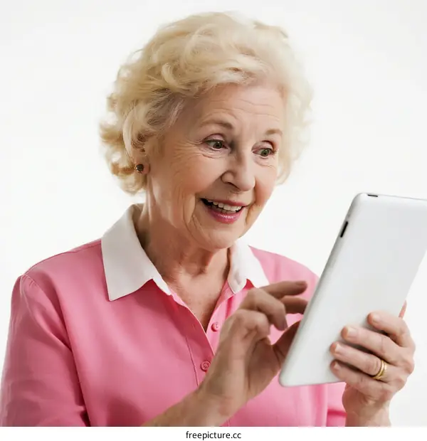 Elderly woman using a tablet for digital interaction