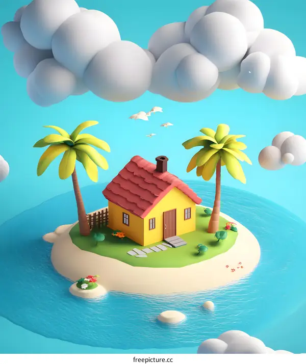 Yellow House on Tropical Island Illustration