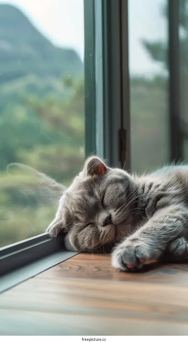 A gray cat is sleeping on the wooden floor by the window