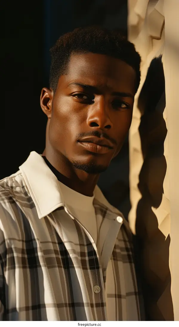 A portrait of a young African-American man in a plaid shirt