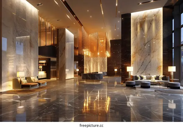 Luxurious Hotel Lobby with Marble and Chandeliers