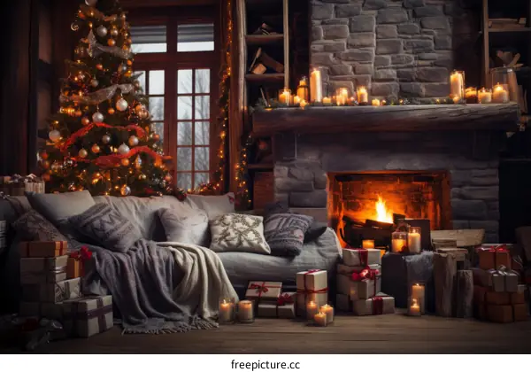 Cozy Christmas living room interior with decorated tree, presents and fireplace