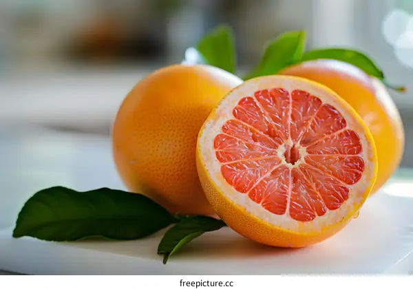 Freshly Cut Grapefruit with Green Leaves