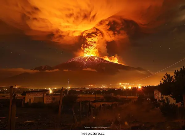 Volcano eruption at night with lava flowing down the mountainside