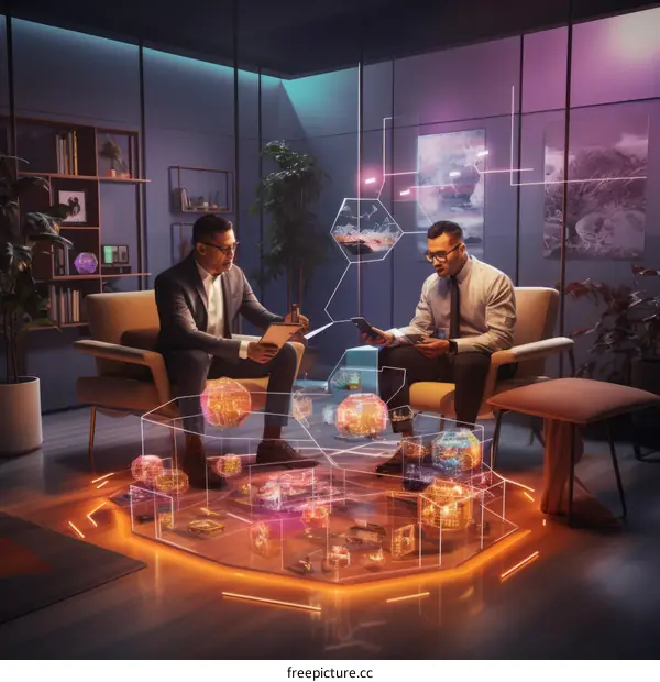 Two businessmen discussing a project using augmented reality