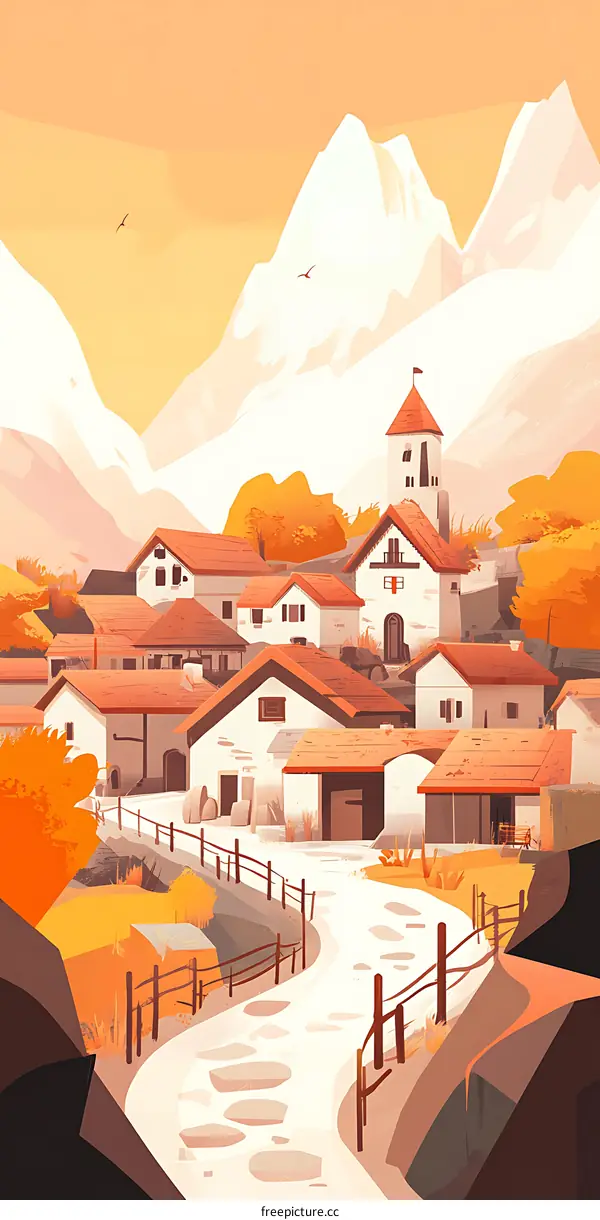 Mountain Village Illustration with Winding Road