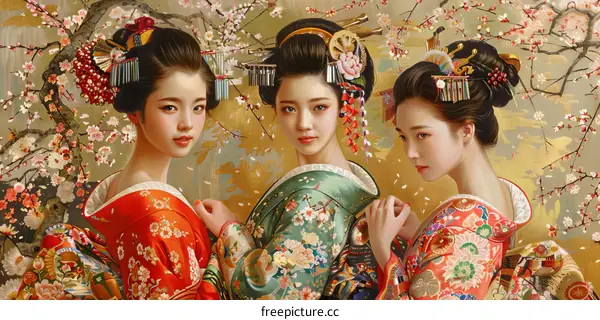 Graceful Geisha Bathed in Cherry Blossom Radiance