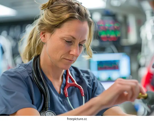 A female doctor is working in the hospital.