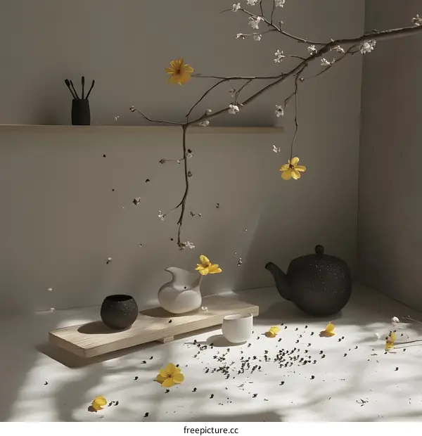 Minimalist Tea Ceremony Still Life with Blooming Flowers