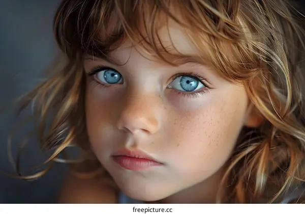 Portrait of a young girl with blue eyes and freckles