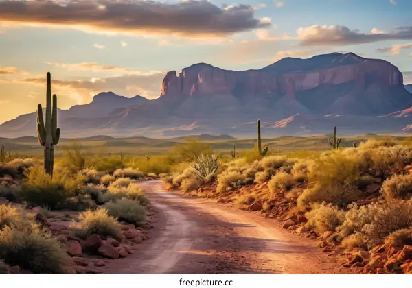 A Dirt Road Cuts Through a Desert Landscape with Mountains in the Far Distance